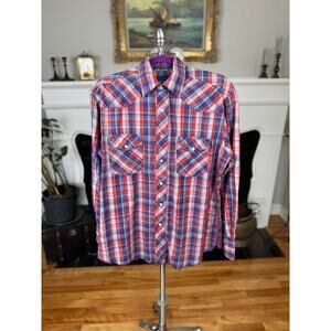Vintage 90s Western Wear Shirt Pearl Snaps, Wrangler, Red Orange Blue Plaid